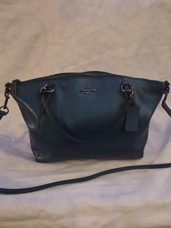 Coach Handbags - Coach Mini Kelsey Satchel in a metallic dark blue pebbled leather.